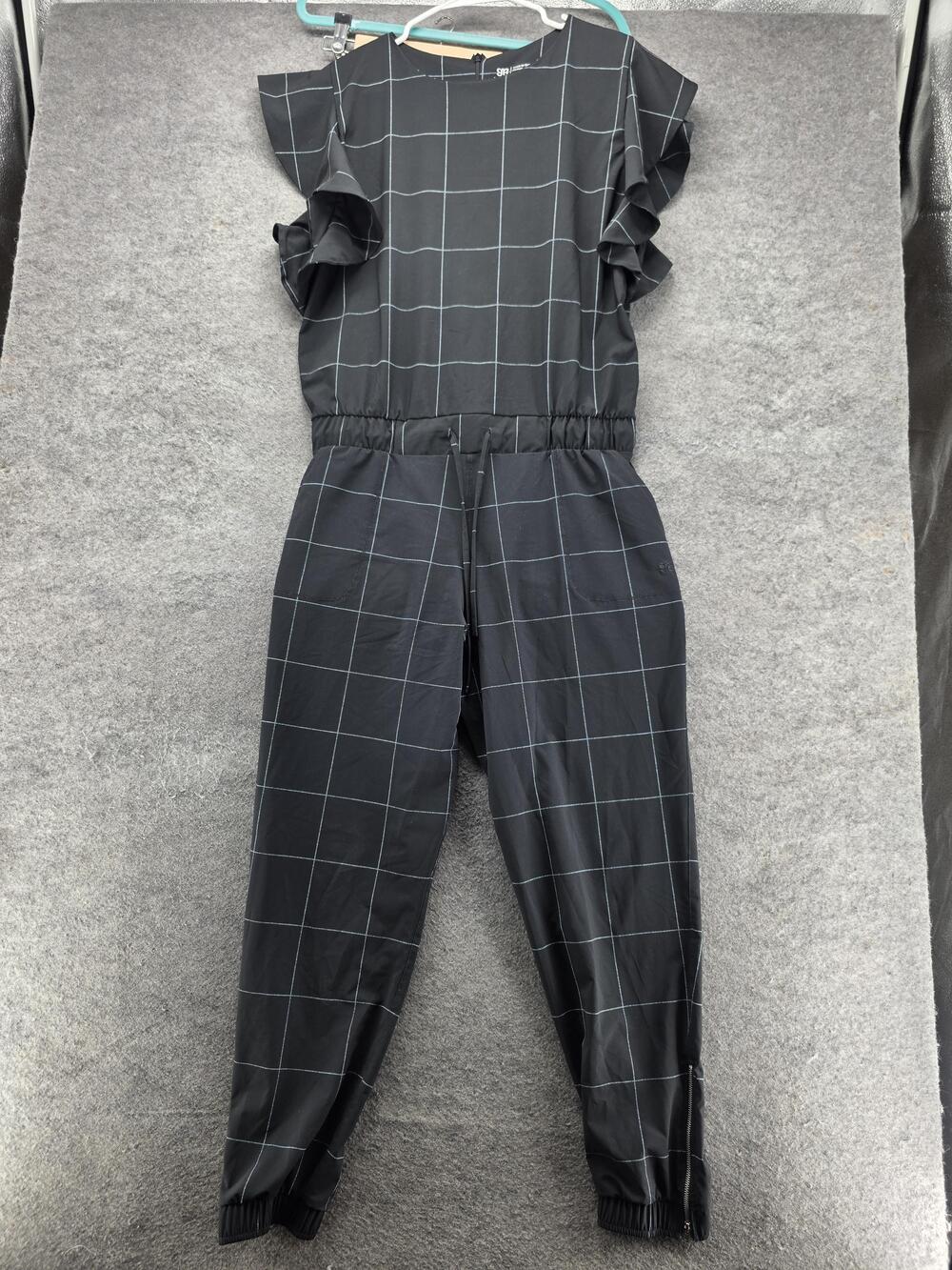 Albion Jumpsuit Womens M Black Check Crew Neck Ruffle Sleeve Elastic Waist